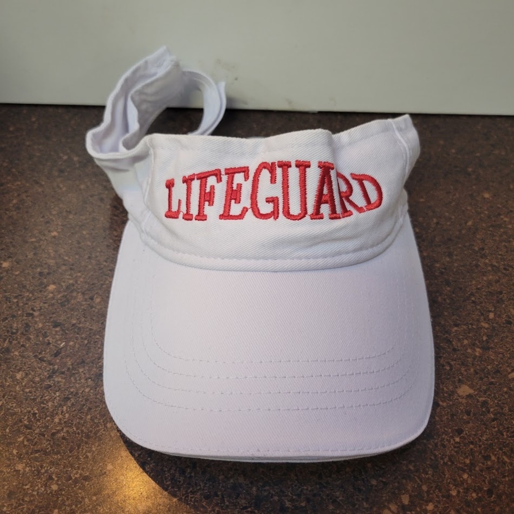 Lifeguard Hat Cap Strap Back White Embroidered Visor Sportsman Beach Sun Mens